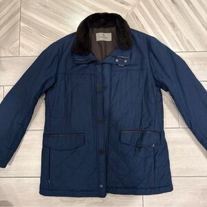 Men’s canali Navy Blue Quilted jacket with lamb leather trim & shearling collar